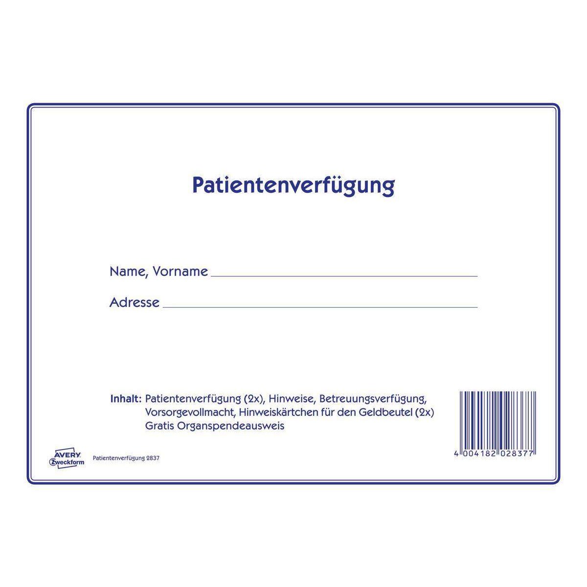 Avery Zweckform 2837 Patientenverfügung, umfangreiches Vordruckset, 220x163mm