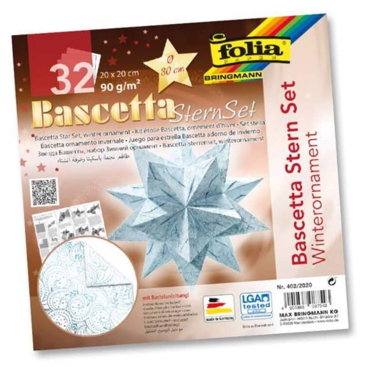 Folia Bascetta-Stern Set, 20x20cm, 32 Blatt Weiß/Winterornament eisblau