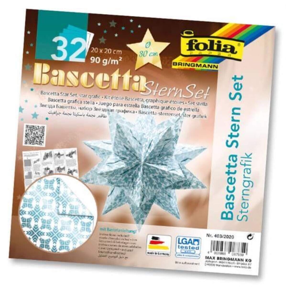 Folia Bascetta-Stern Set, 20x20cm, 32 Blatt Weiß/Sterngrafik eisblau