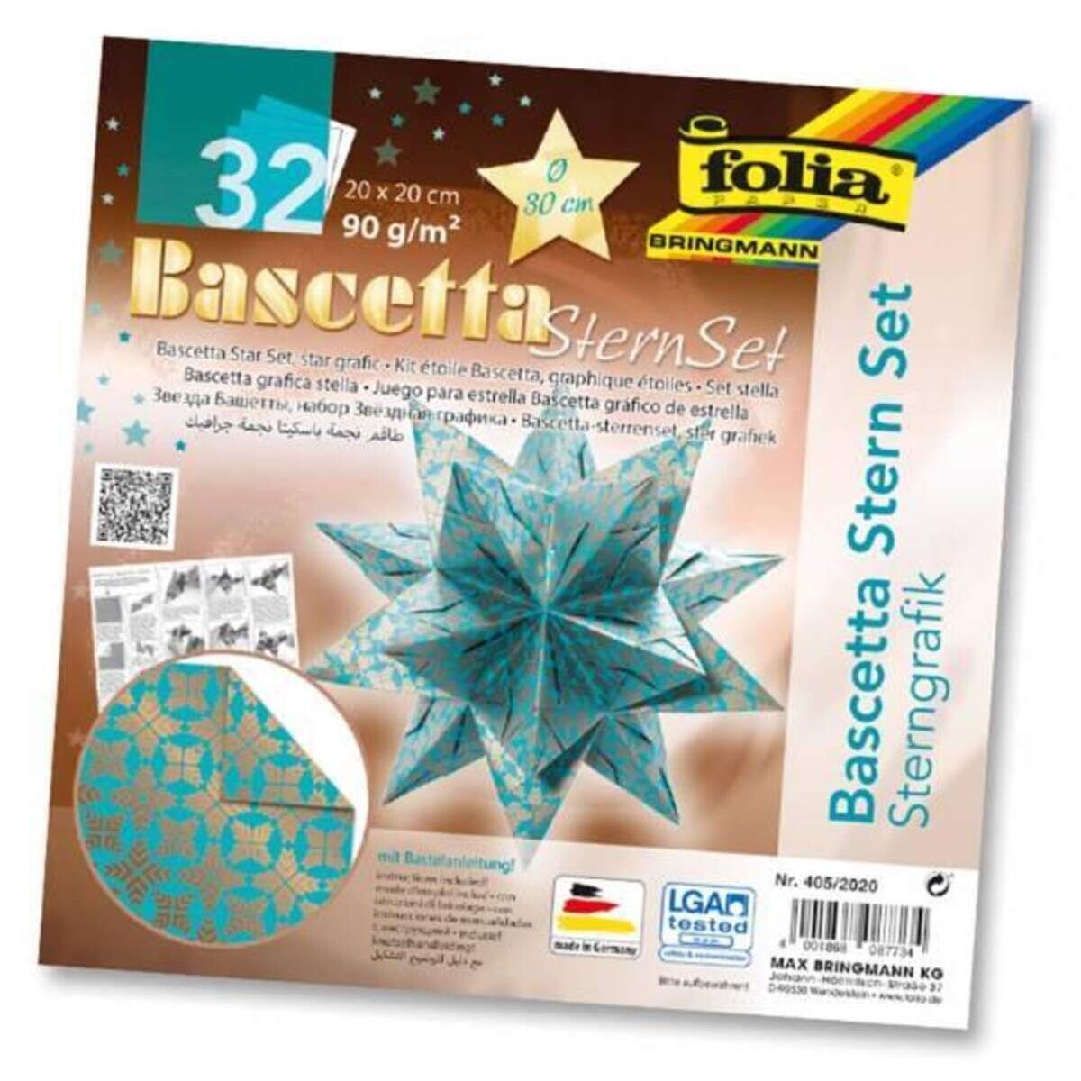 Folia Bascetta-Stern Set, 20x20cm, 32 Blatt Türkis/Sterngrafik kupfer
