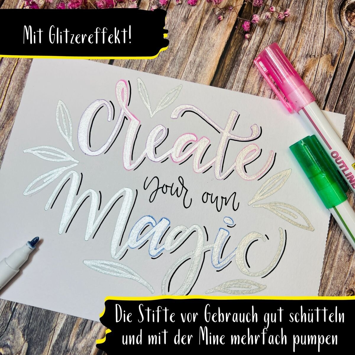 ONLINE Outline Pen silber mit farbigem Rand Glitzereffekt, 6er Set