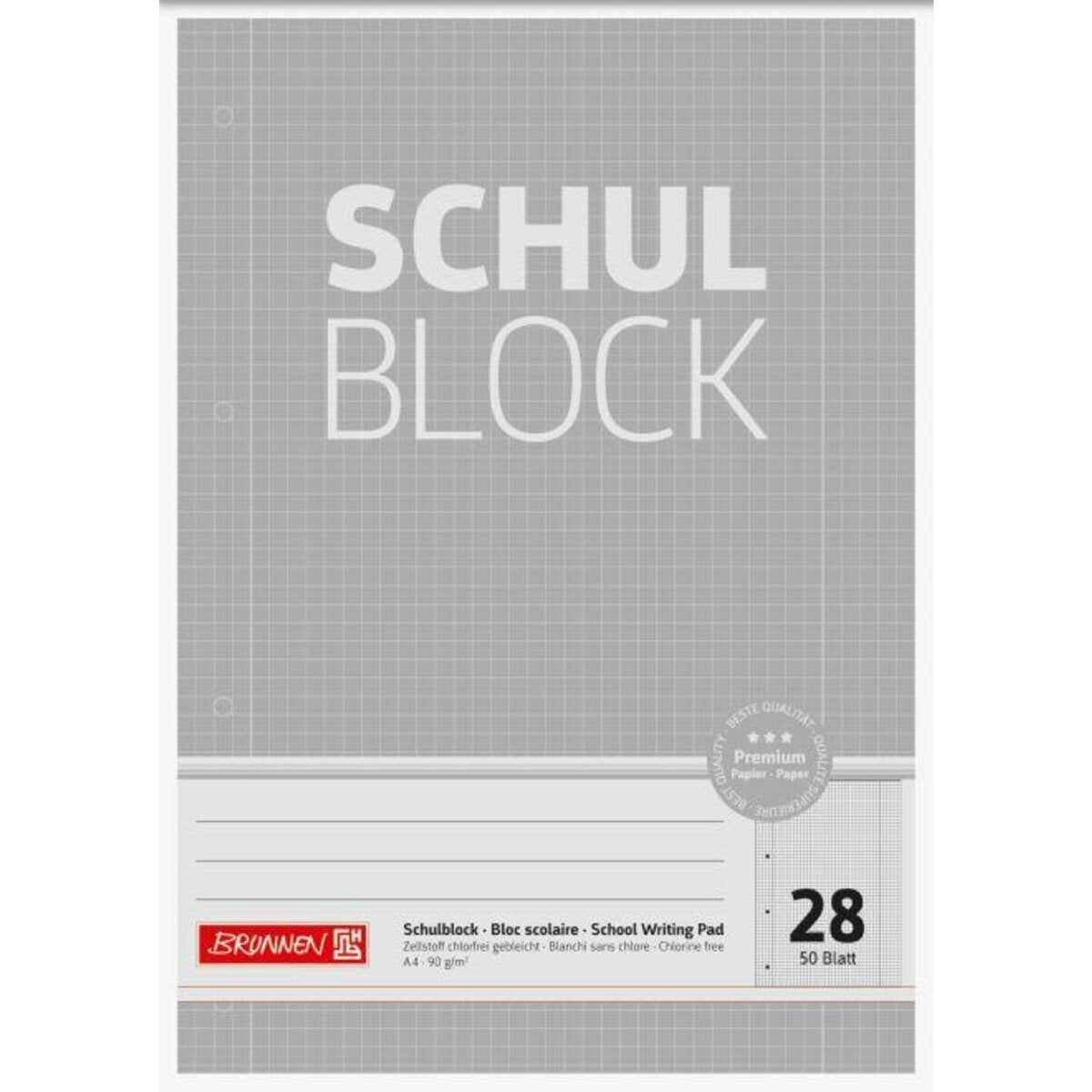 BRUNNEN Schulblock grau A4, 50 Blatt, gelocht, LIneatur 28