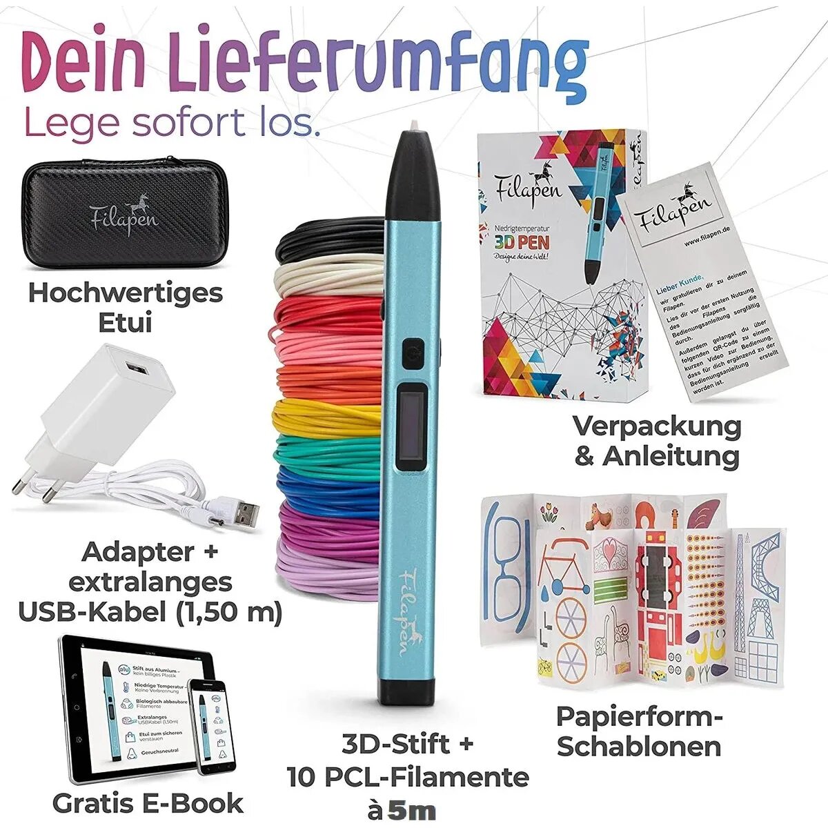 Filapen 3D Stift Set mit 10 Filamenten und Etui (blau)