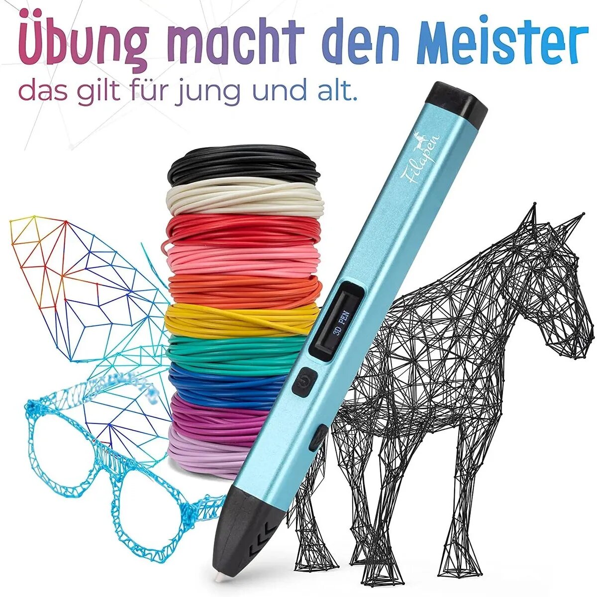Filapen 3D Stift Set mit 10 Filamenten und Etui (blau)