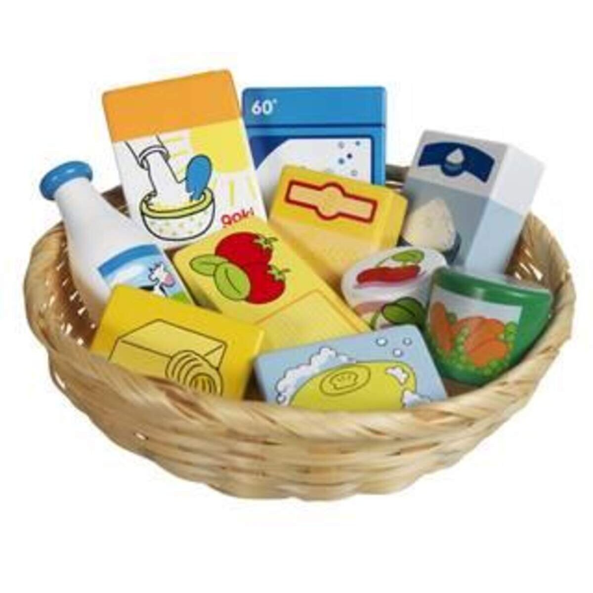 goki Kaufladen Miniaturen, Lebensmittel und Haushaltswaren im Korb