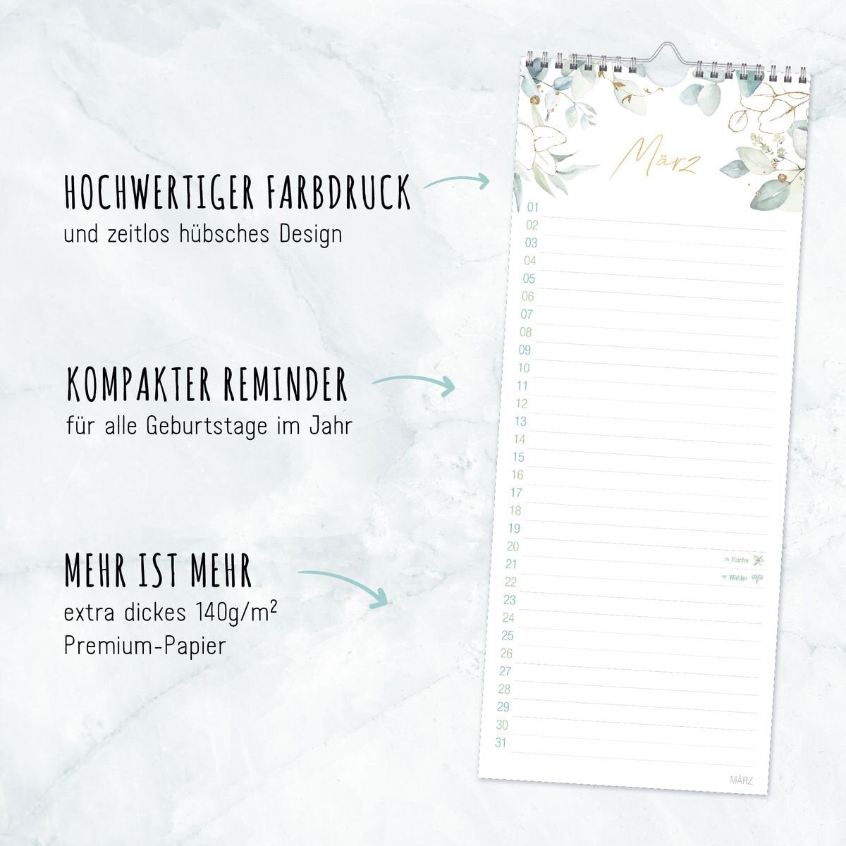 Häfft Verlag Geburtstagsplaner Kompakt [Blattgold]  Wandkalender immerwährend, 12 Monate