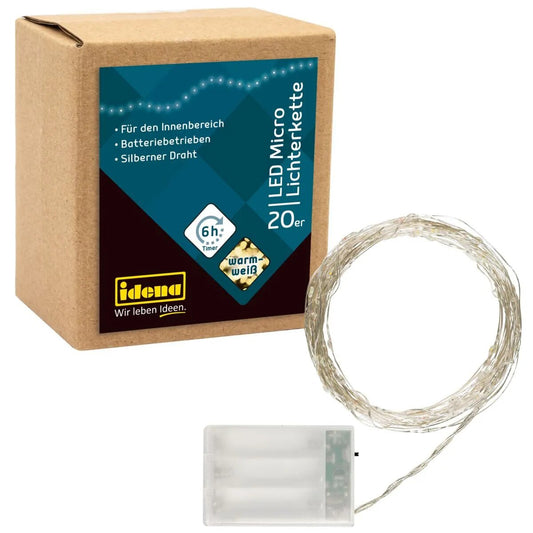 Idena 20er LED Micro-Lichterkette, warmweiß, für innen, batterieb., Timer