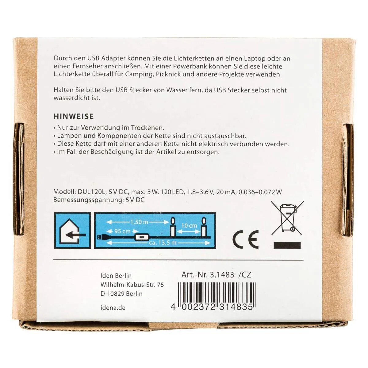 Idena LED Micro Lichterkette, 120 LED warmweiß, mit Silberdraht, USB, für innen, ca. 13,50 m