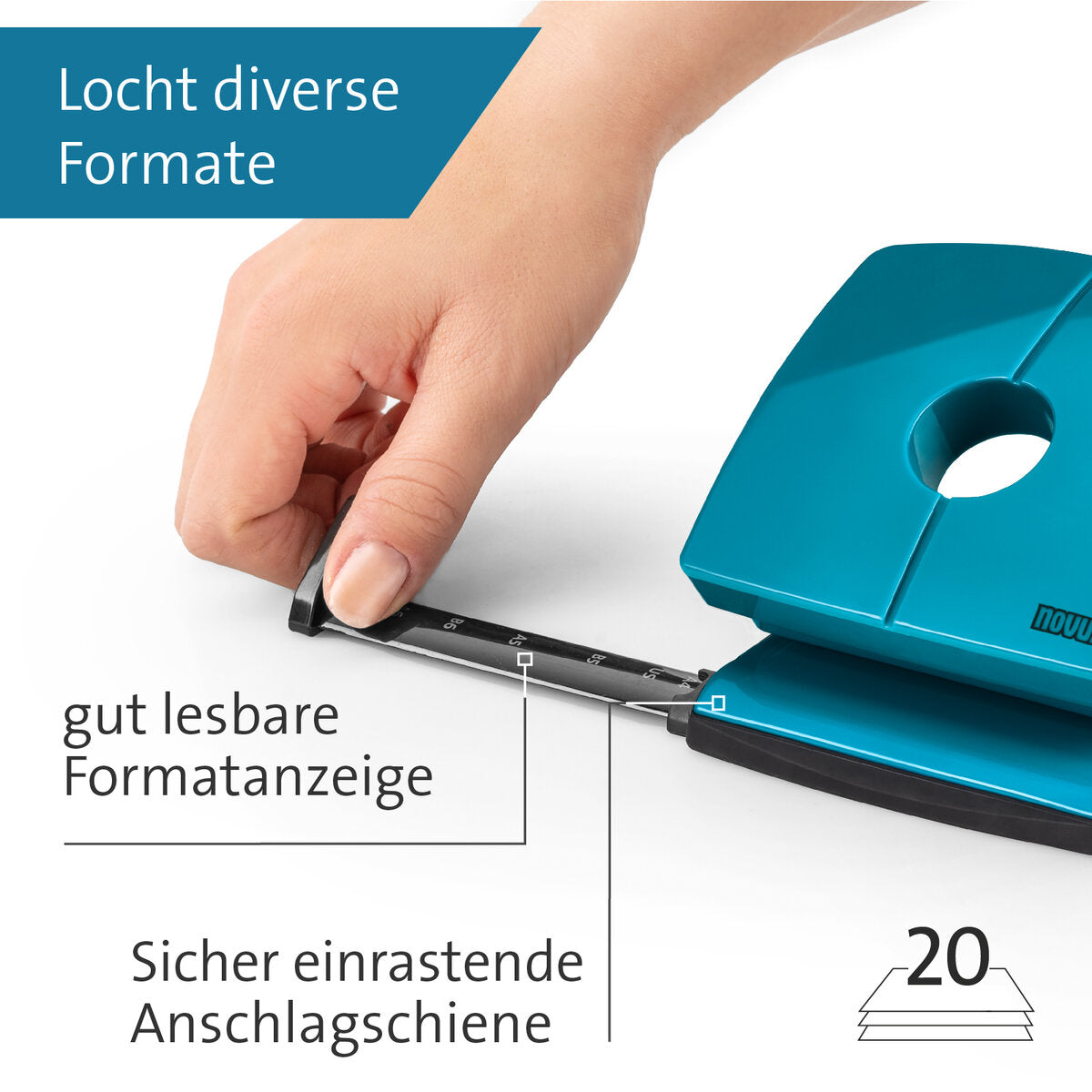 Novus B 220 COLOR ID 2.0 Bürolocher bright petrol 20 Bl. (80 g/m²)