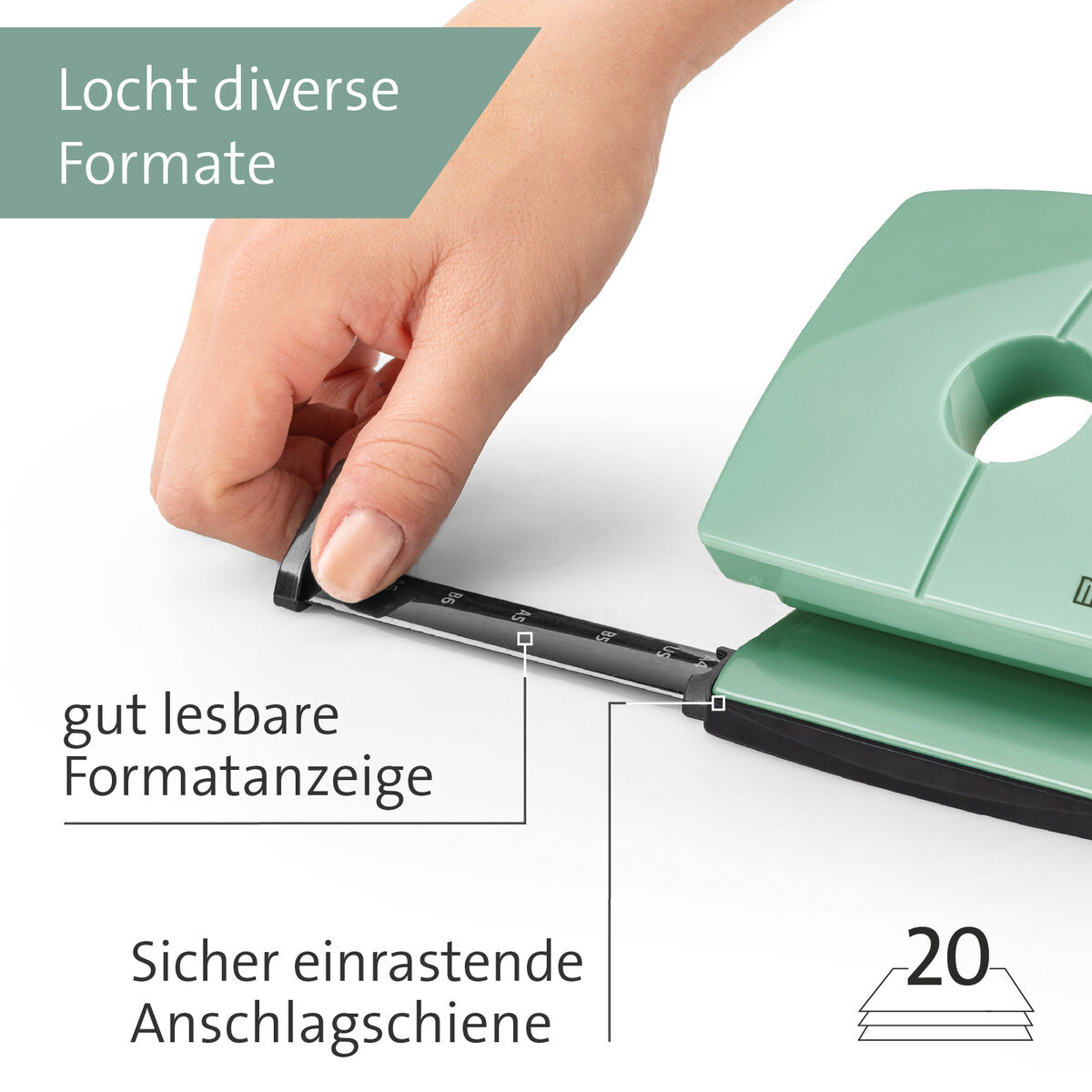 Novus B 220 COLOR ID 2.0 Bürolocher mellow mint 20 Bl. (80 g/m²)