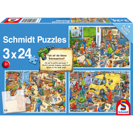 Schmidt Spiele KinderPuzzle - Wo ist die kleine Bohrmaschine? 3x24 Teile KinderPuzzle -